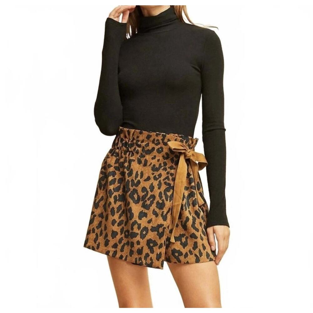 Entro Corduroy Leopard Print Faux Wrap Pull On Paper Bag Skort Medium Festival